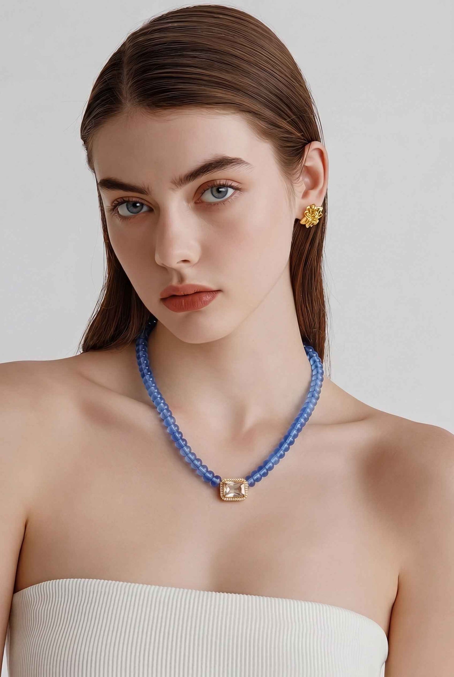 June 23 Blue Beaded Genuine Bezel Stone Necklace
