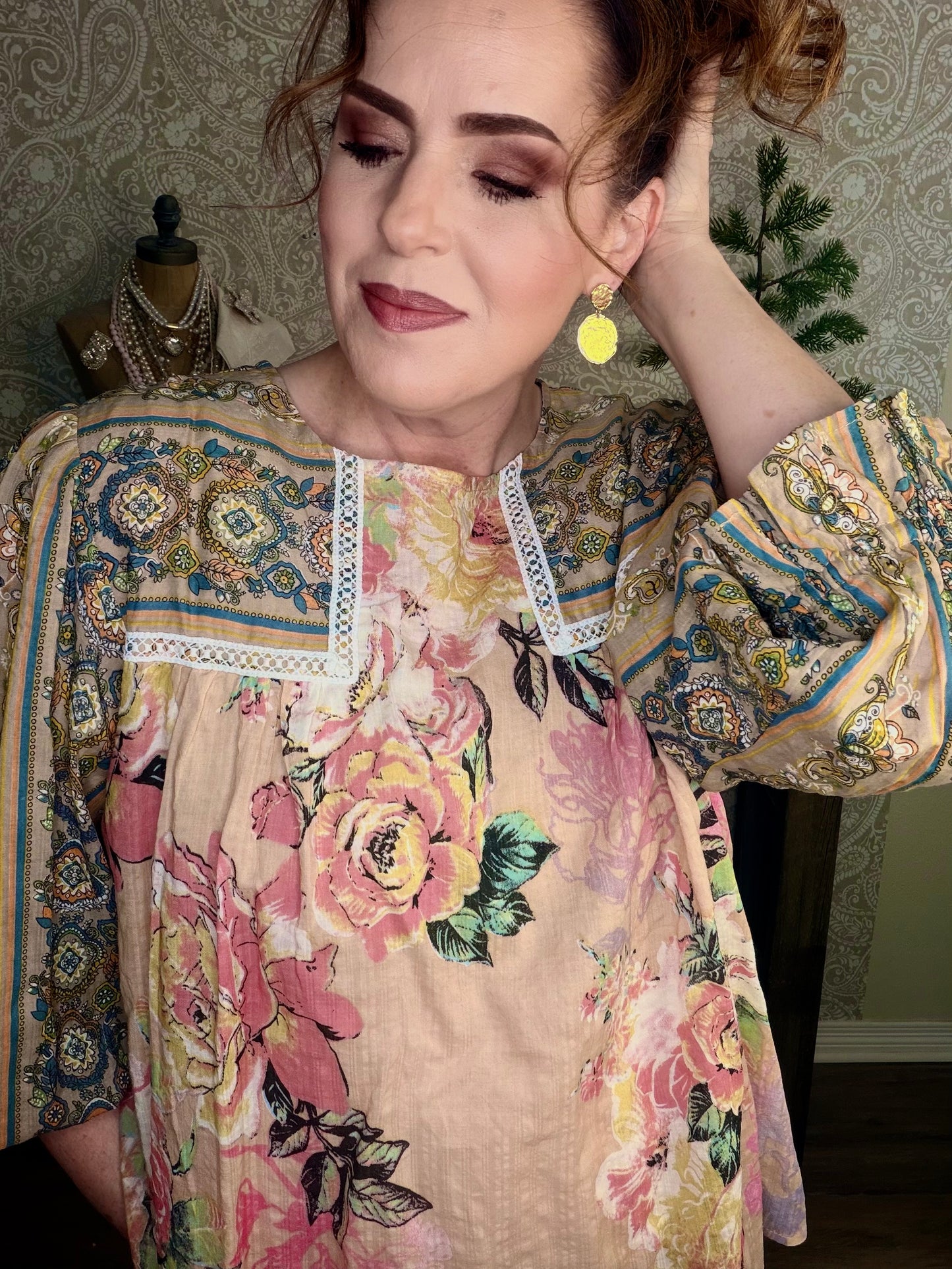 FLOWER BOHO STRIPE PEASANT BABYDOLL TOP