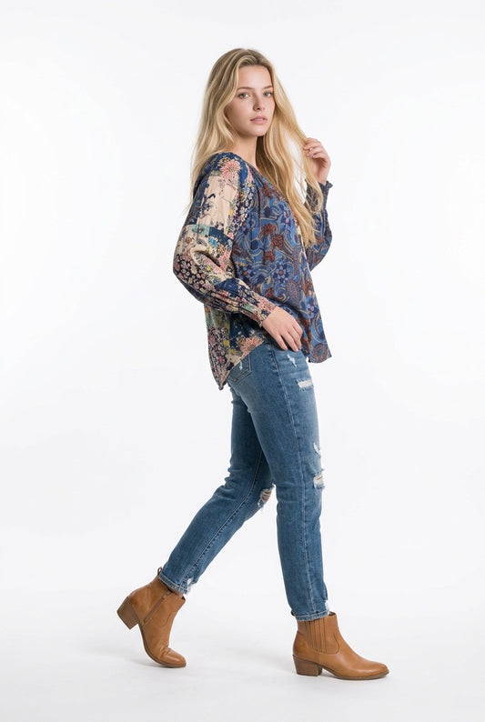 Gigi Navy Multi-Colored Patch-work Top