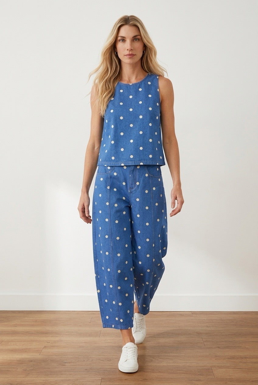 Peach Love Blue with White Polk-a-Dot Barrel Denim