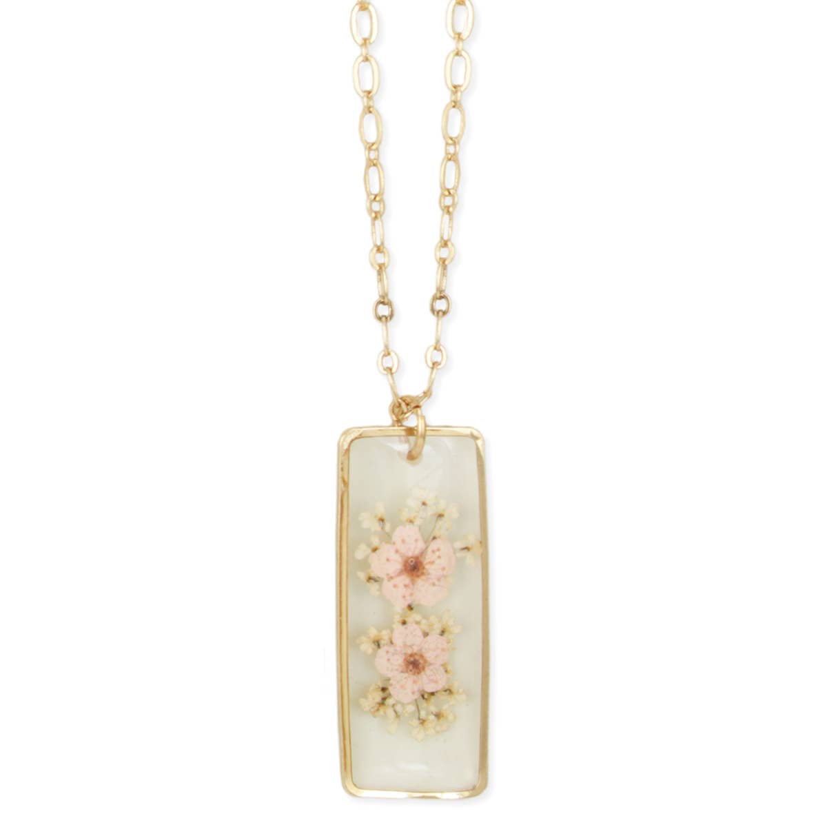 Cottage Classic Light Pink Gold Bar Dried Flower Necklace - Charmed Paisley