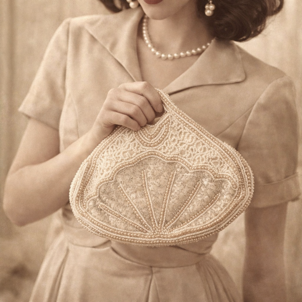 Vintage Cream fully beaded evening purse