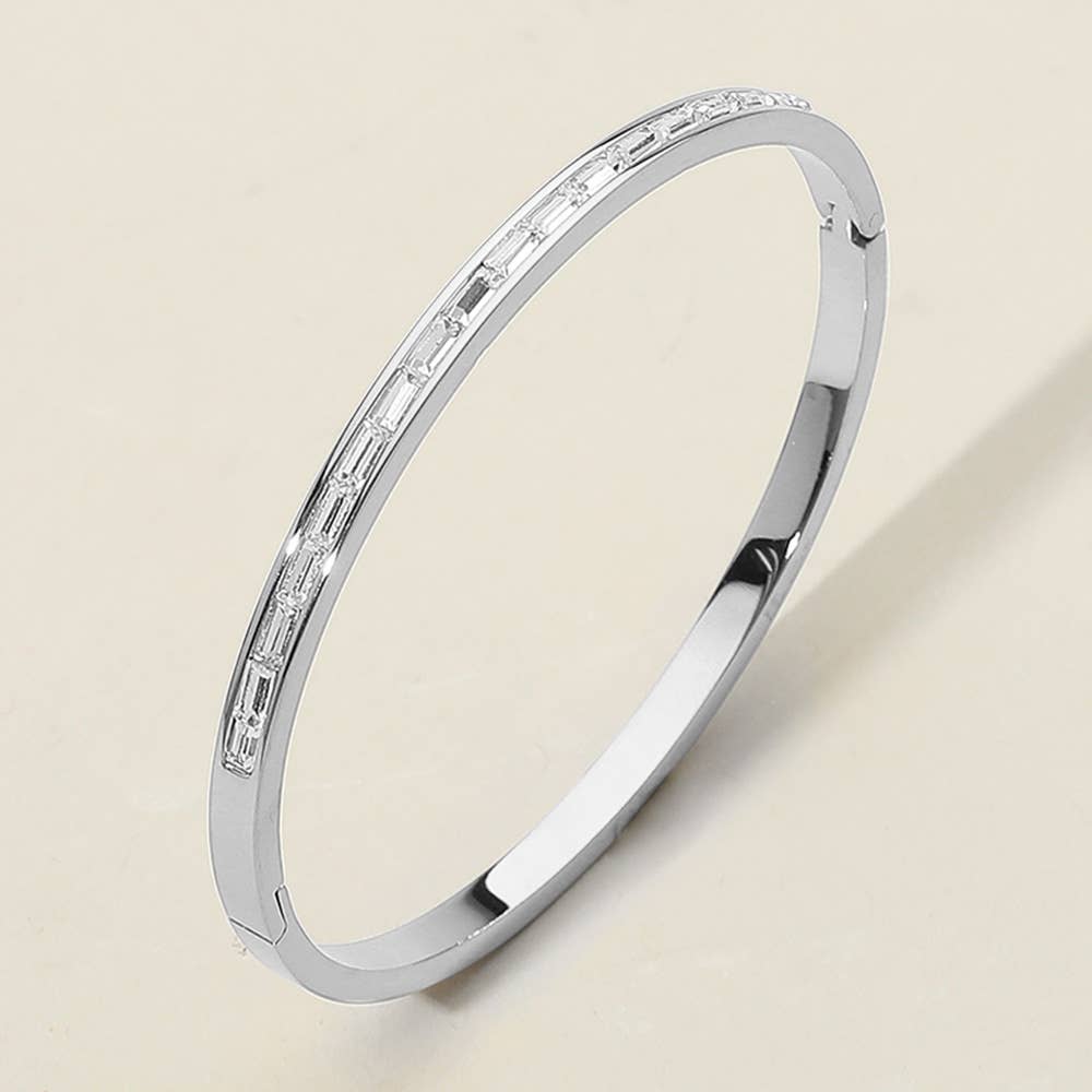 Baguette Stone Stainless Steel Hinged Bangle Bracelet