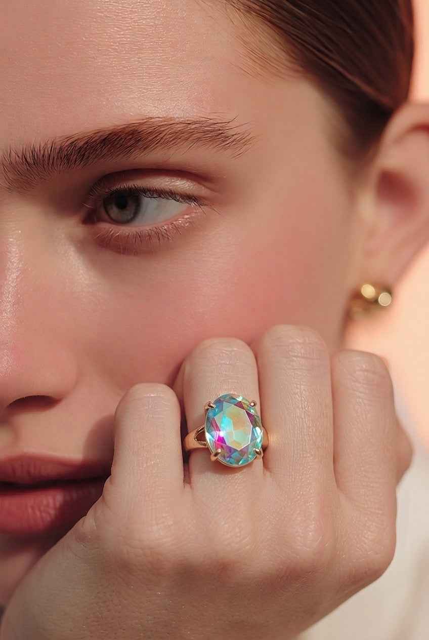 Aqua cut glass adjustable gold ring