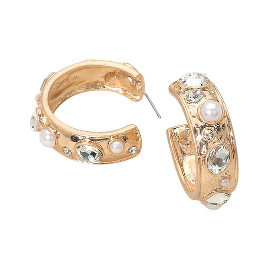 Mixed Stone Pearl Hoop Earrings