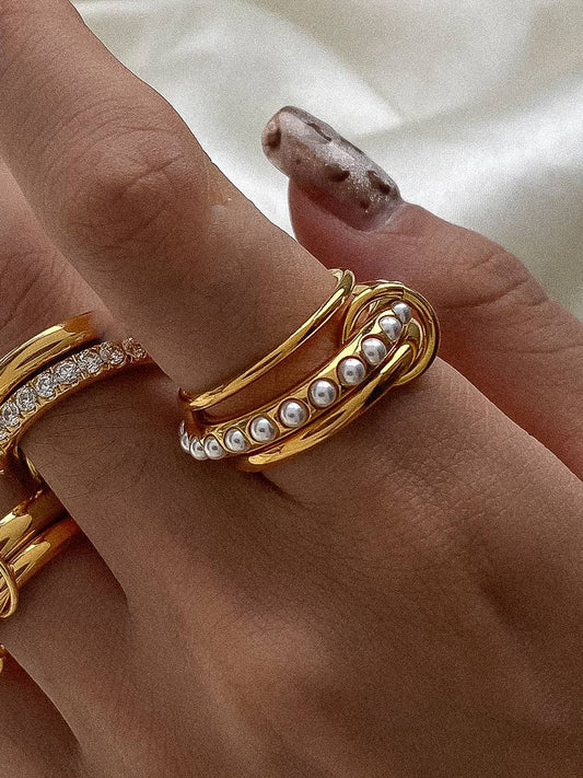 Danton 18K Gold Non-Tarnish Multi Stack Pearl Band Ring