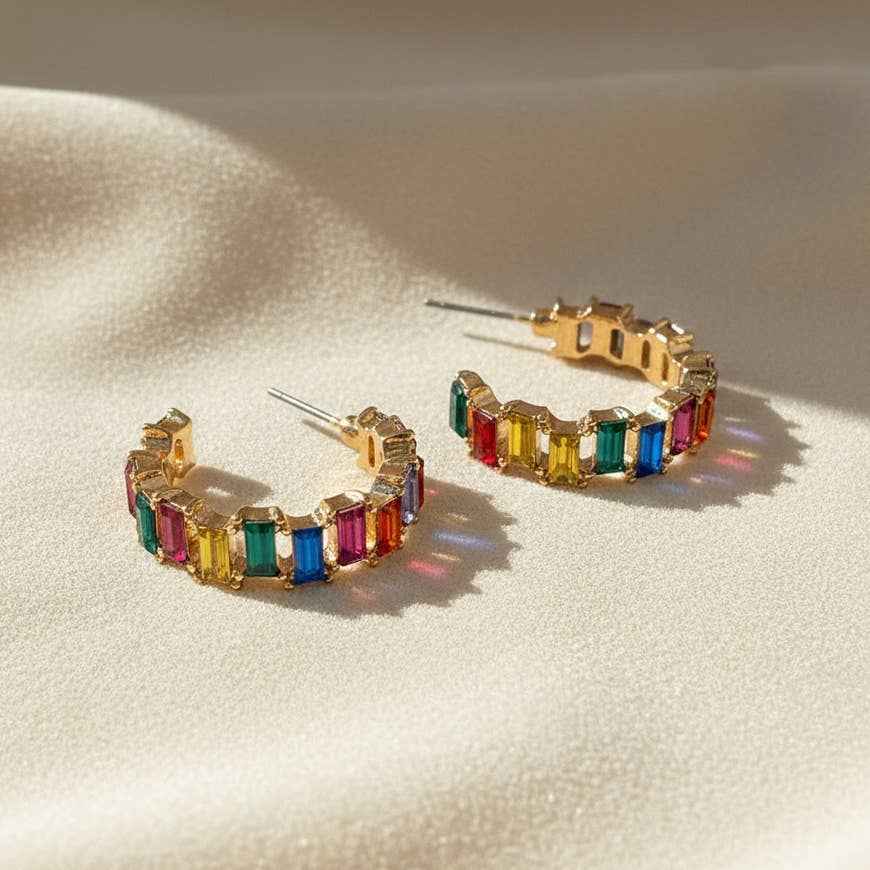 Baguette Resin Stone Beads Linked C Shape Hoop Earrings