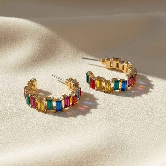 Baguette Resin Stone Beads Linked C Shape Hoop Earrings