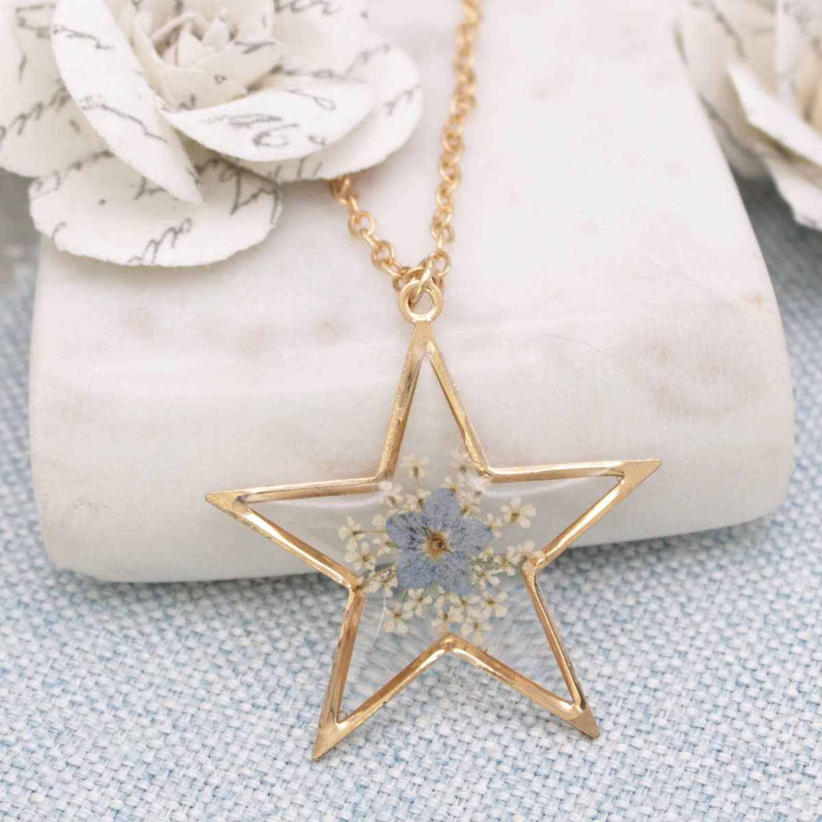 Gold Star Blue Dried Flower Necklace