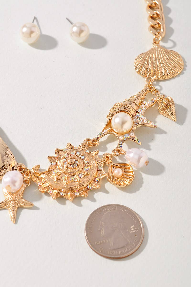 METAL CHAIN SEALIFE STARFISH PEARL NECKLACE