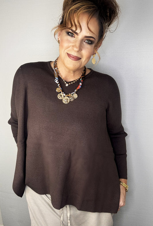 SOLID LONG SLEEVE SIDE SLIT ROUND NECK TOP