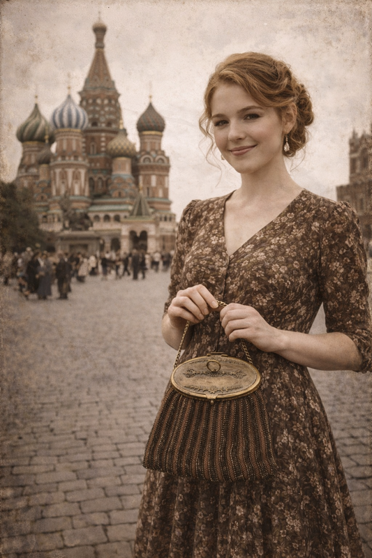 Rust vintage beaded purse with metal lid