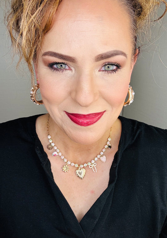 Floral Heart Pearl Heart Locket Charm Station Necklace