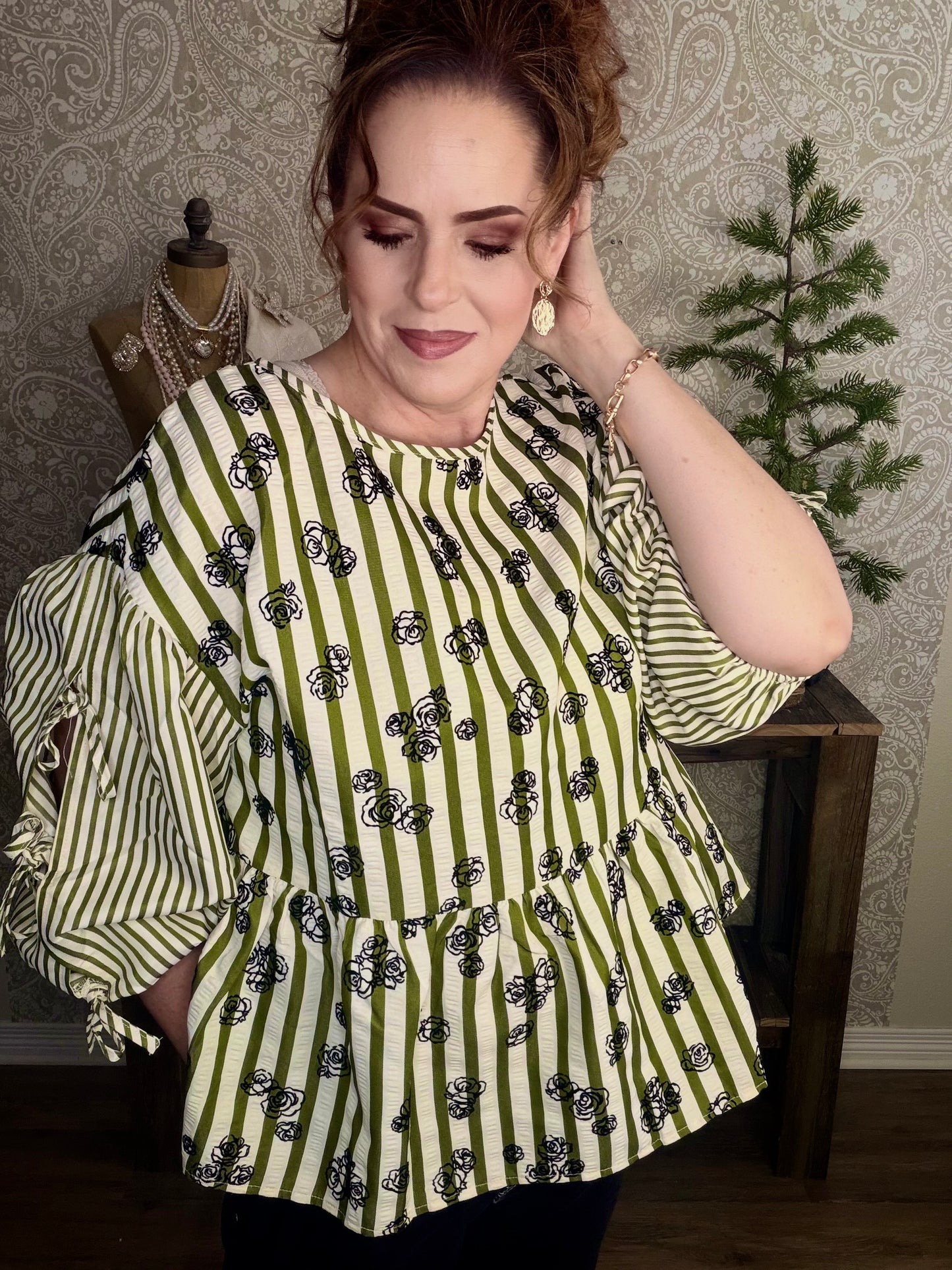 Flocked Floral Printed Striped Peplum Top