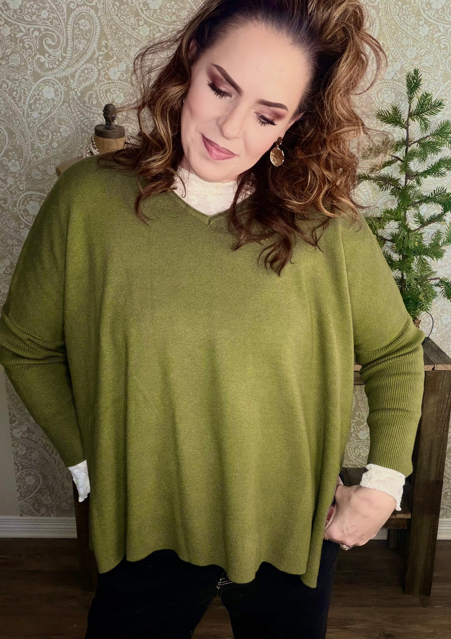 SOLID LONG SLEEVE SIDE SLIT ROUND NECK TOP
