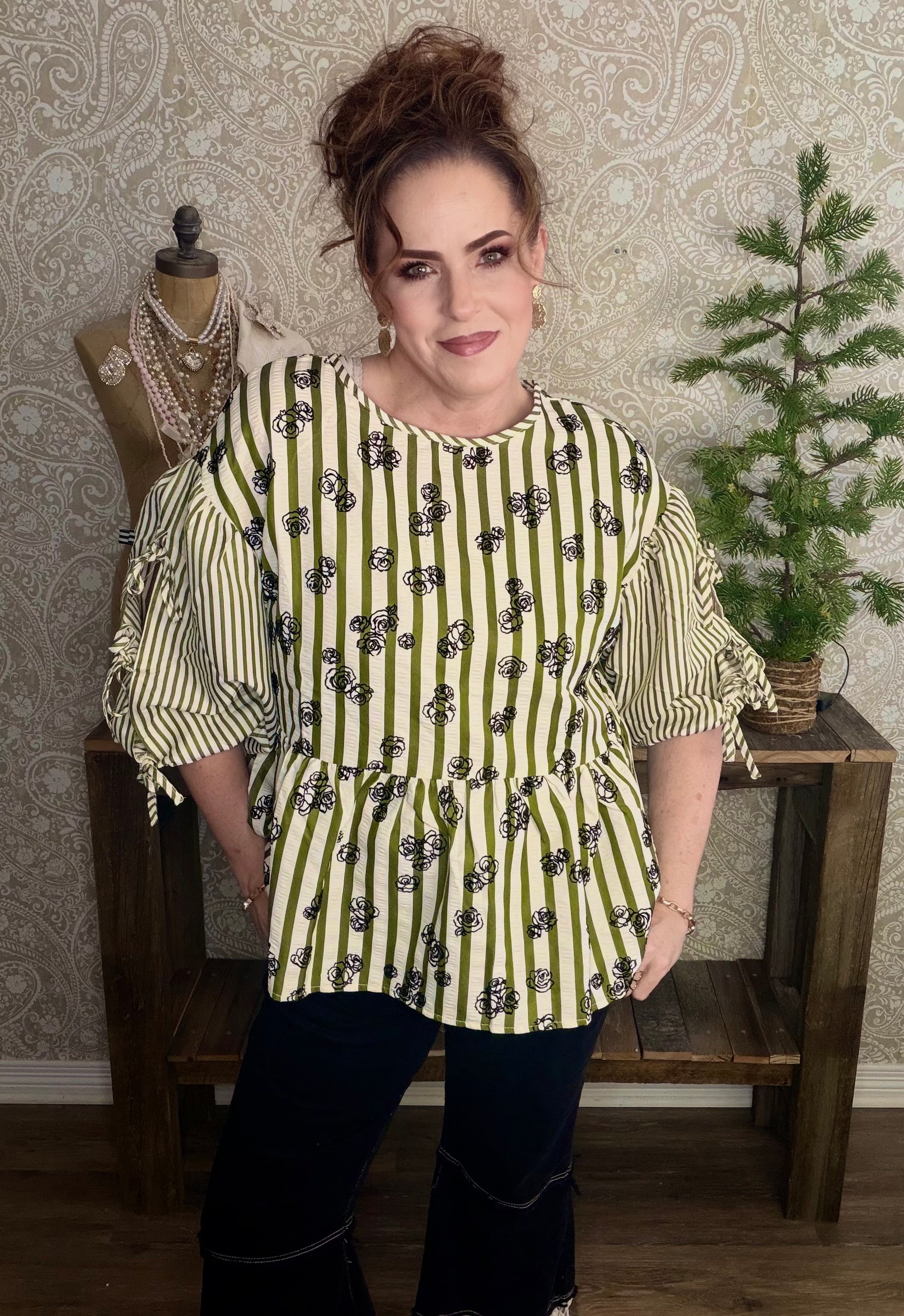 Flocked Floral Printed Striped Peplum Top