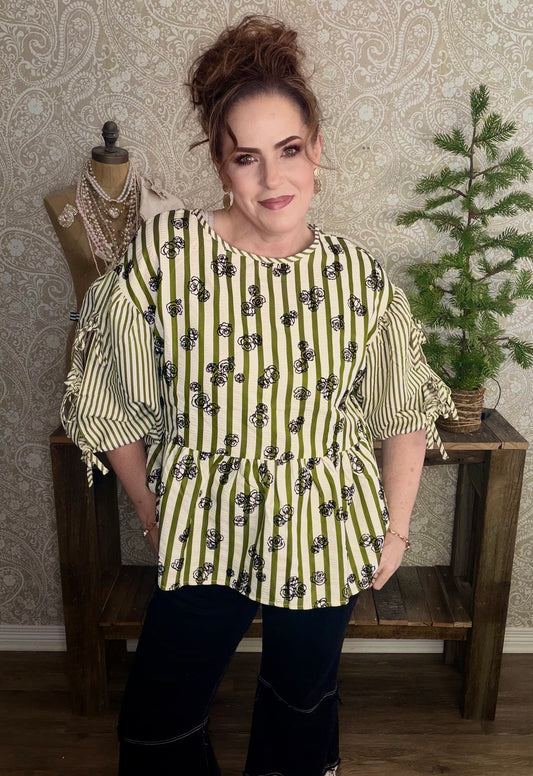 Flocked Floral Printed Striped Peplum Top