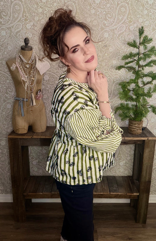 Flocked Floral Printed Striped Peplum Top