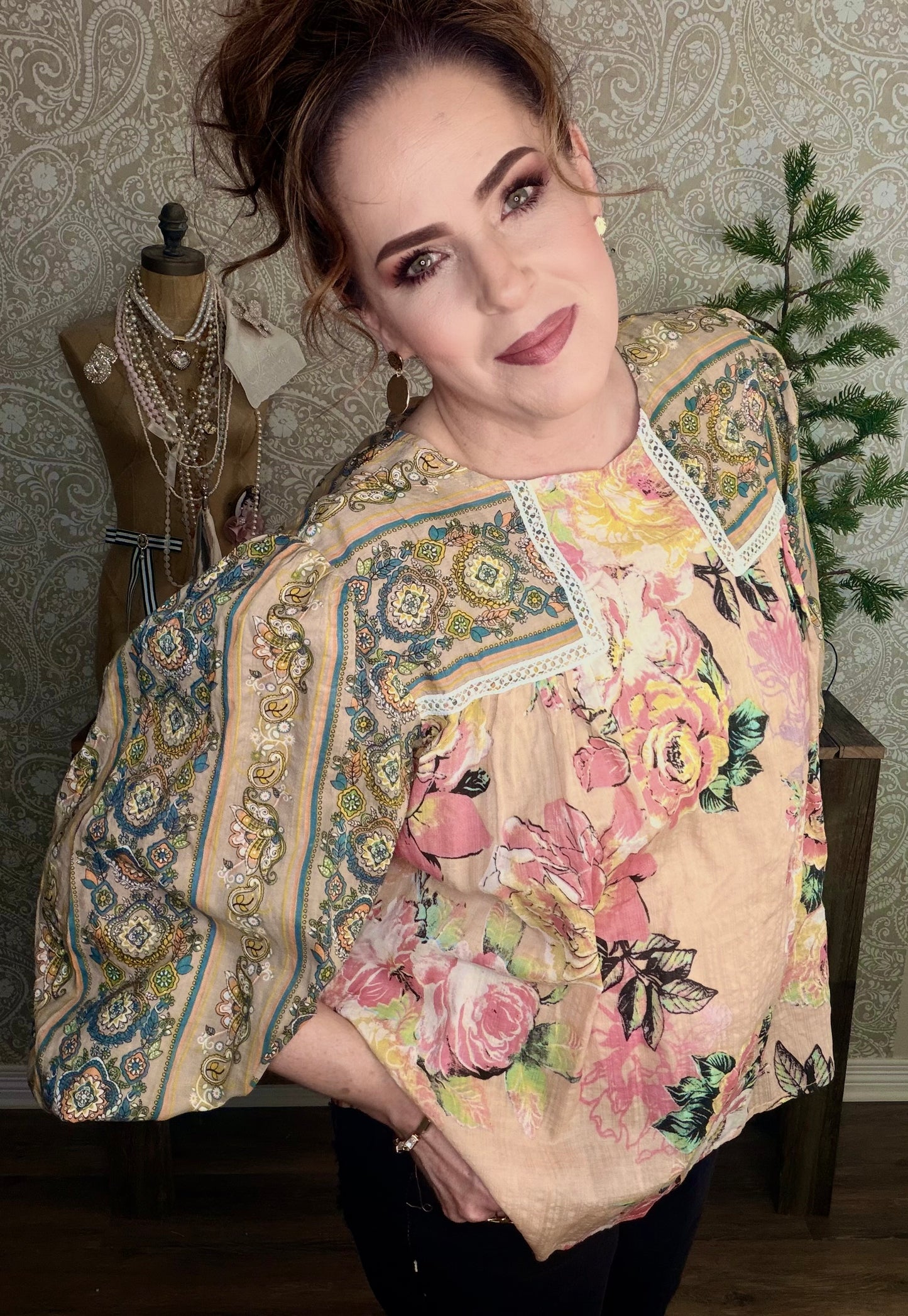 FLOWER BOHO STRIPE PEASANT BABYDOLL TOP