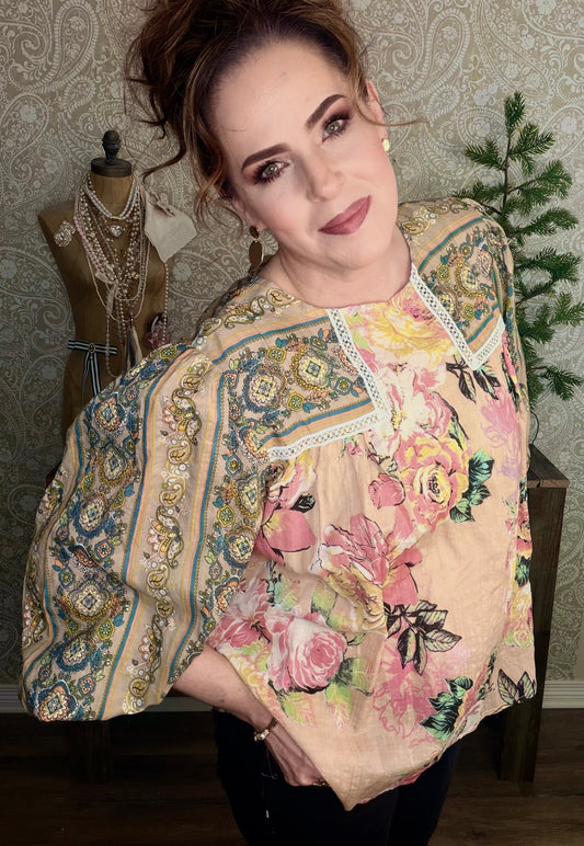 FLOWER BOHO STRIPE PEASANT BABYDOLL TOP