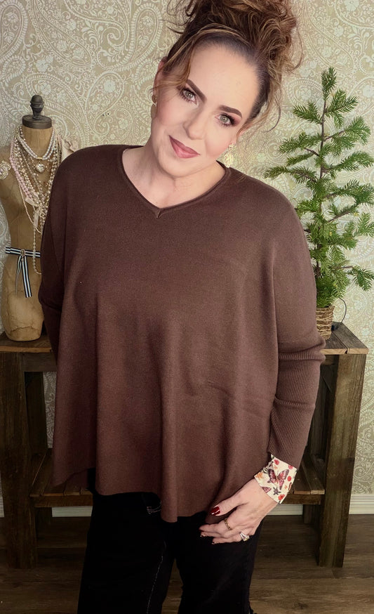 SOLID LONG SLEEVE SIDE SLIT ROUND NECK TOP