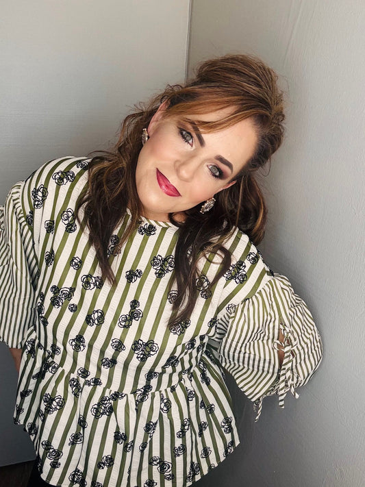 Flocked Floral Printed Striped Peplum Top