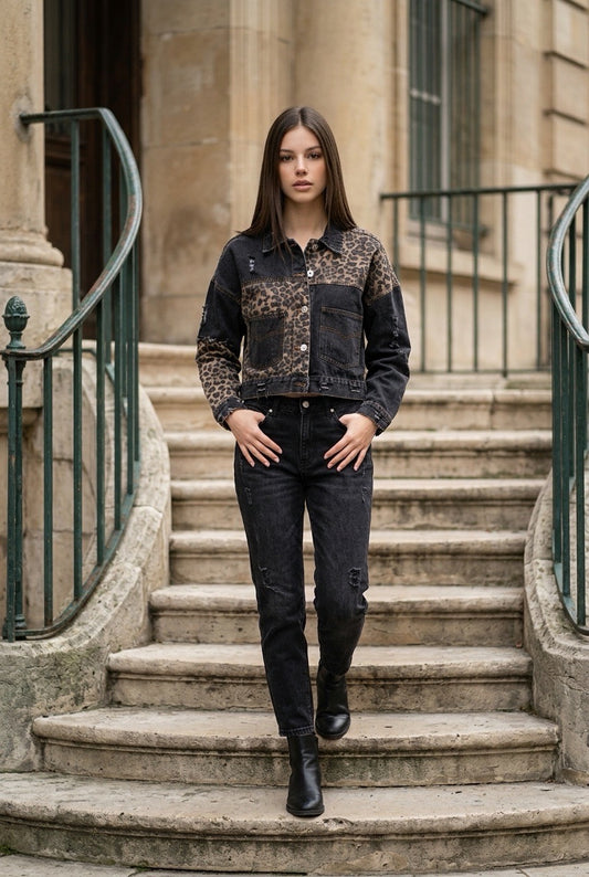 POL Black & Leopard Denim Jacket