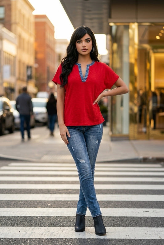 Like Love Red/Denim Top