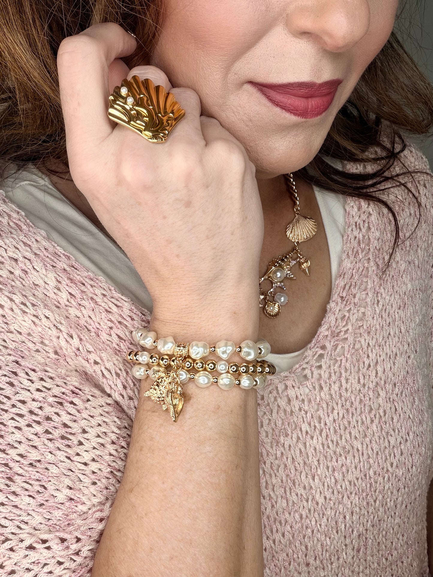 Pearl & Gold Beaded Charm Bracelet