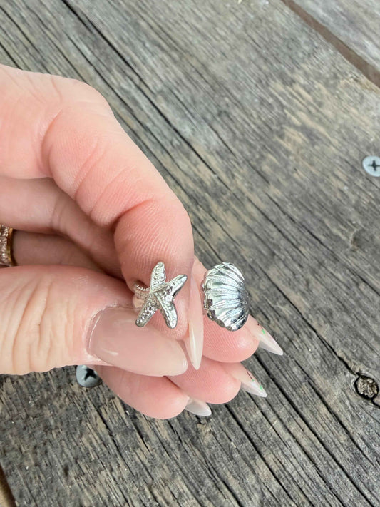 Non Tarnish Stainless Steel Chunky Statement Silver Starfish and Shell Stacking Ring