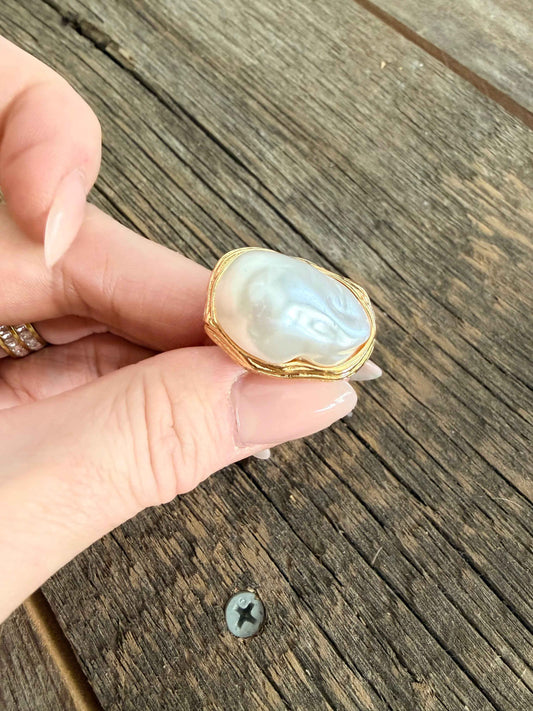 Non Tarnish Stainless Steel Chunky Statement Gold Pearl Stacking Ring
