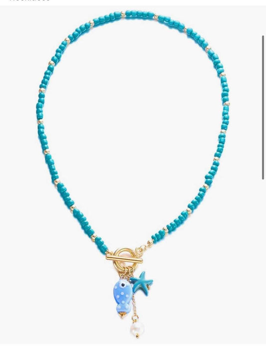Fish Necklace for Women Handmade Beaded Y Pendant Necklace Colorful Summer Beach Boho Layering Choker Necklaces