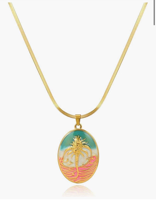 Stainless Steel Oval Enamel Marine Organism Pendant Necklace for Women, Gold Snake Chain Adjustable Beach Vacation Nature Jewelry, Hypoallergenic Coastal Dainty Necklace