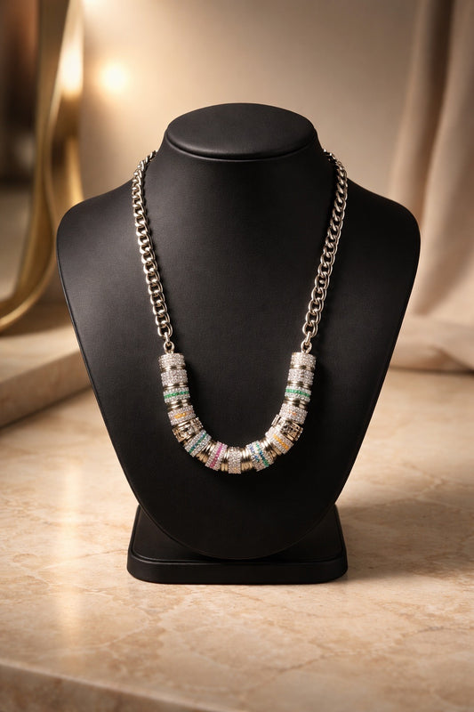 Silver Multi-color Pavoi Barrel Cuban Chain Necklace