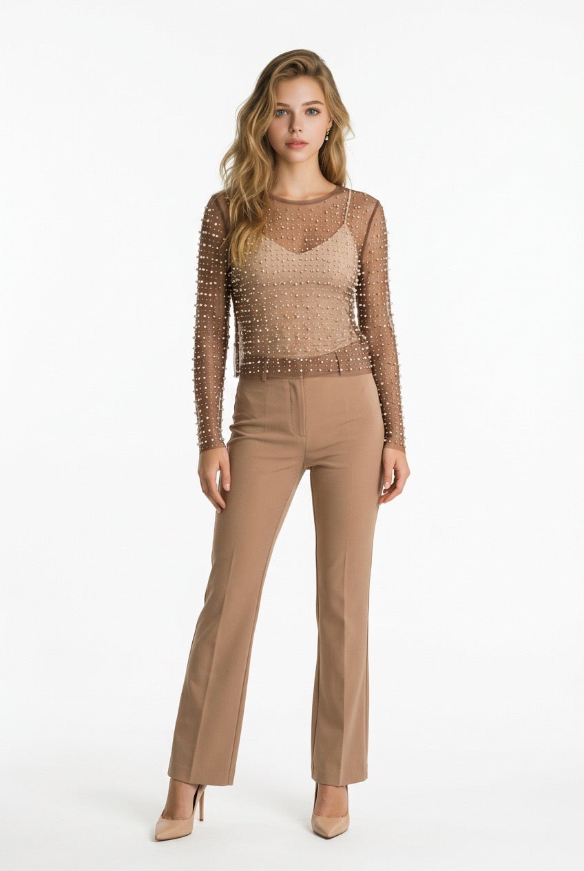 White Birch Pearl & Rhinestone Mesh Top