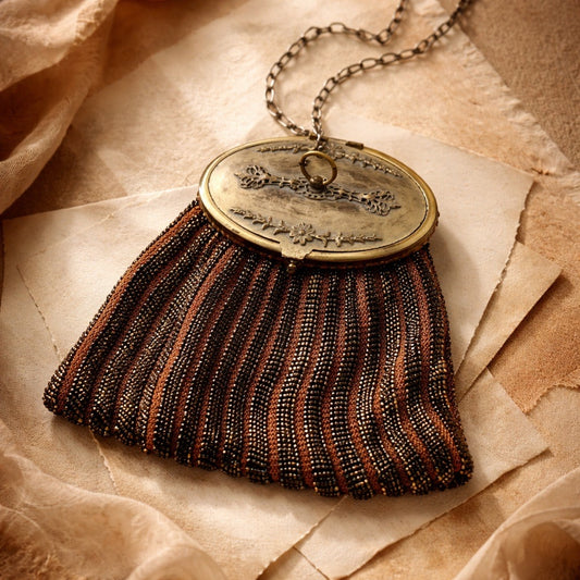 Rust vintage beaded purse with metal lid