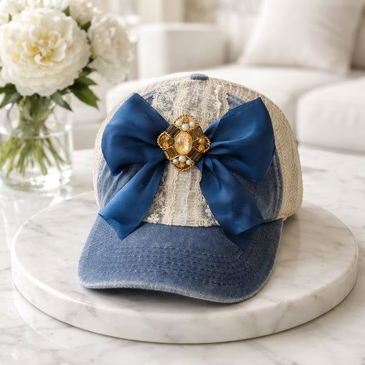 Vintage Denim Bow Brooch Baseball Hat
