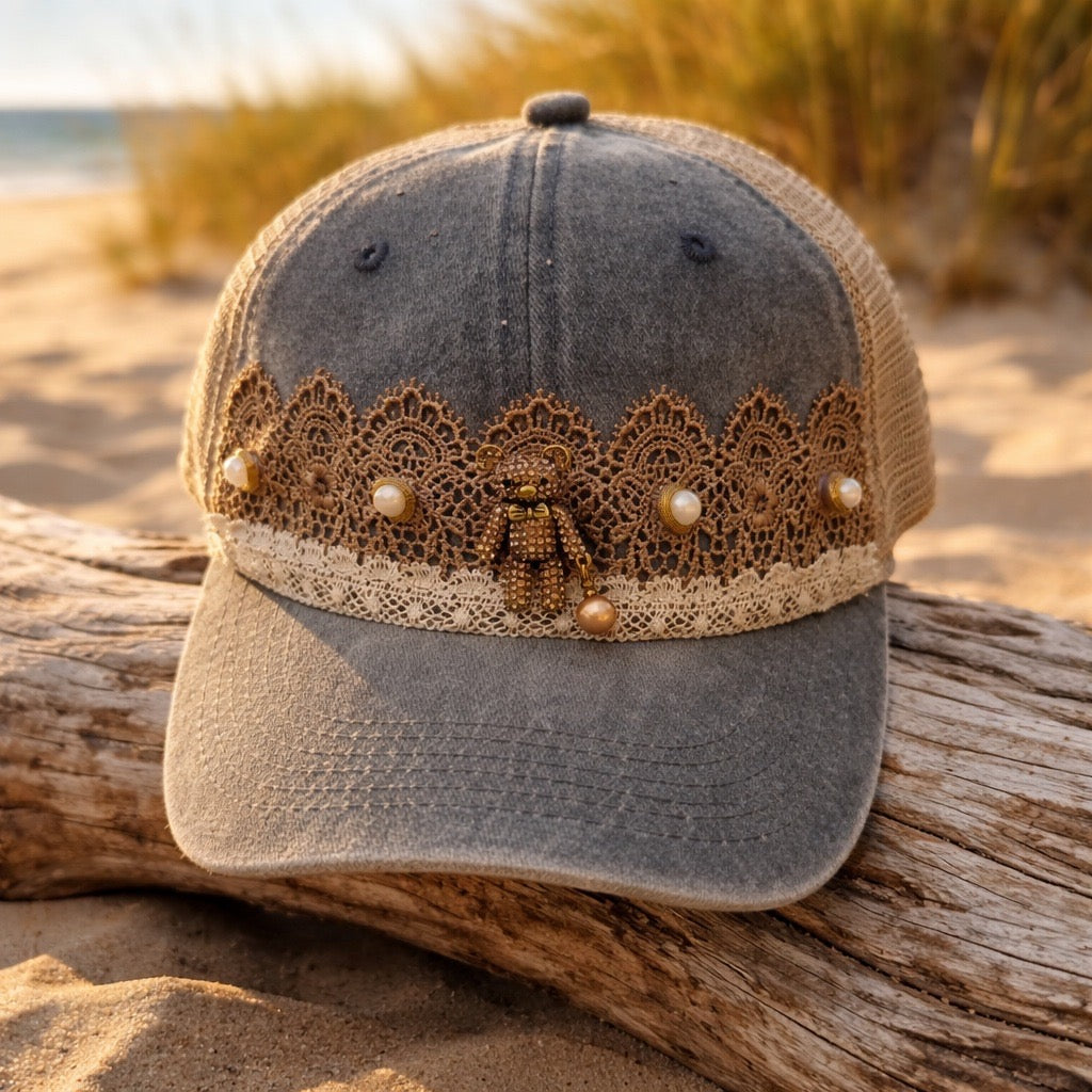 Vintage Denim Bear With Pearl Baseball Hat