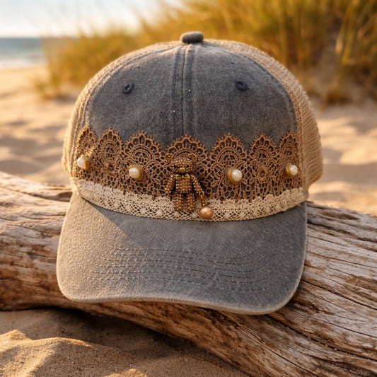 Vintage Denim Bear With Pearl Baseball Hat