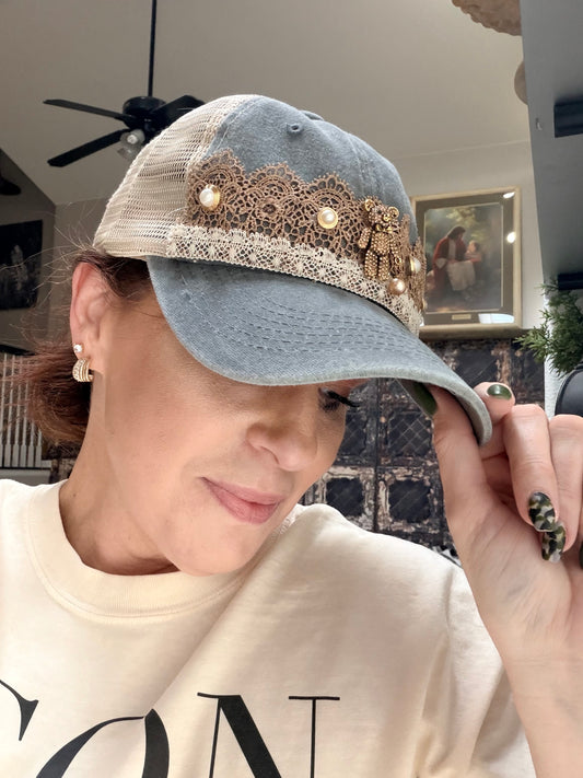Vintage Denim Bear With Pearl Baseball Hat