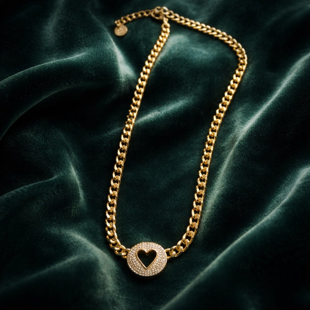 Round Heart Jeweled Gold Necklace