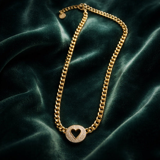 Round Heart Jeweled Gold Necklace