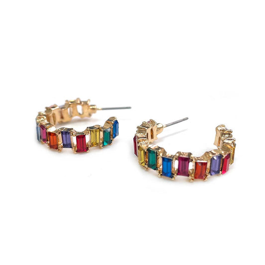 Baguette Resin Stone Beads Linked C Shape Hoop Earrings - Charmed Paisley