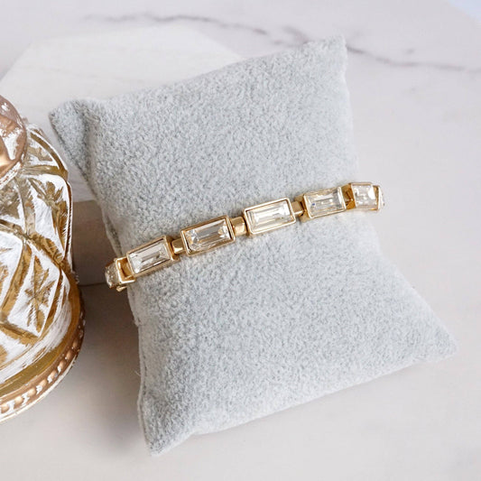 Stretchy Stackable Clear Rectangle Crystals Bracelet – Gold Tone