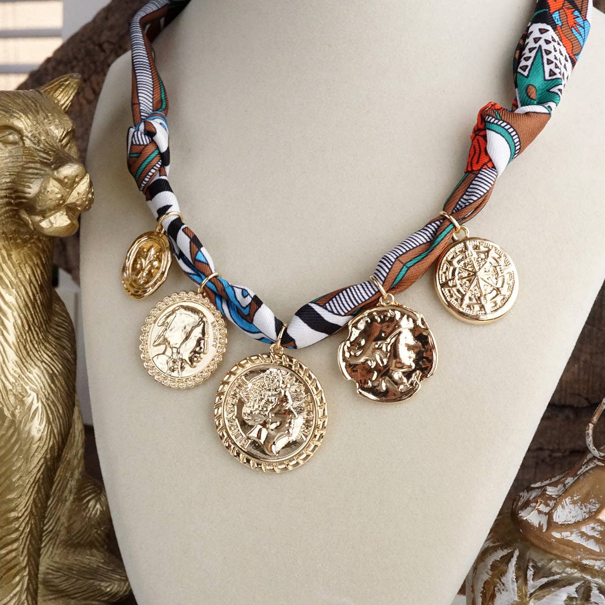 Desert Treasures – Multi Coin Necklace with Brown Scarf Tie