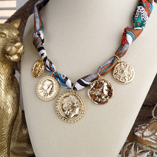 Desert Treasures – Multi Coin Necklace with Brown Scarf Tie