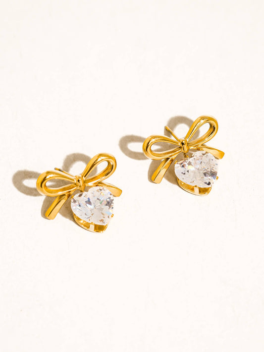 Melonie 18K Gold Non-Tarnish CZ Heart & Bow Earring