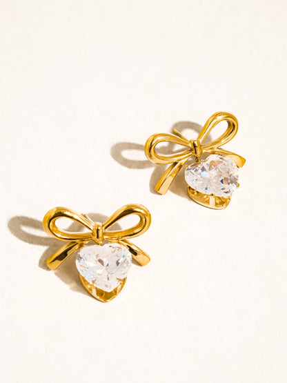 Melonie 18K Gold Non-Tarnish CZ Heart & Bow Earring