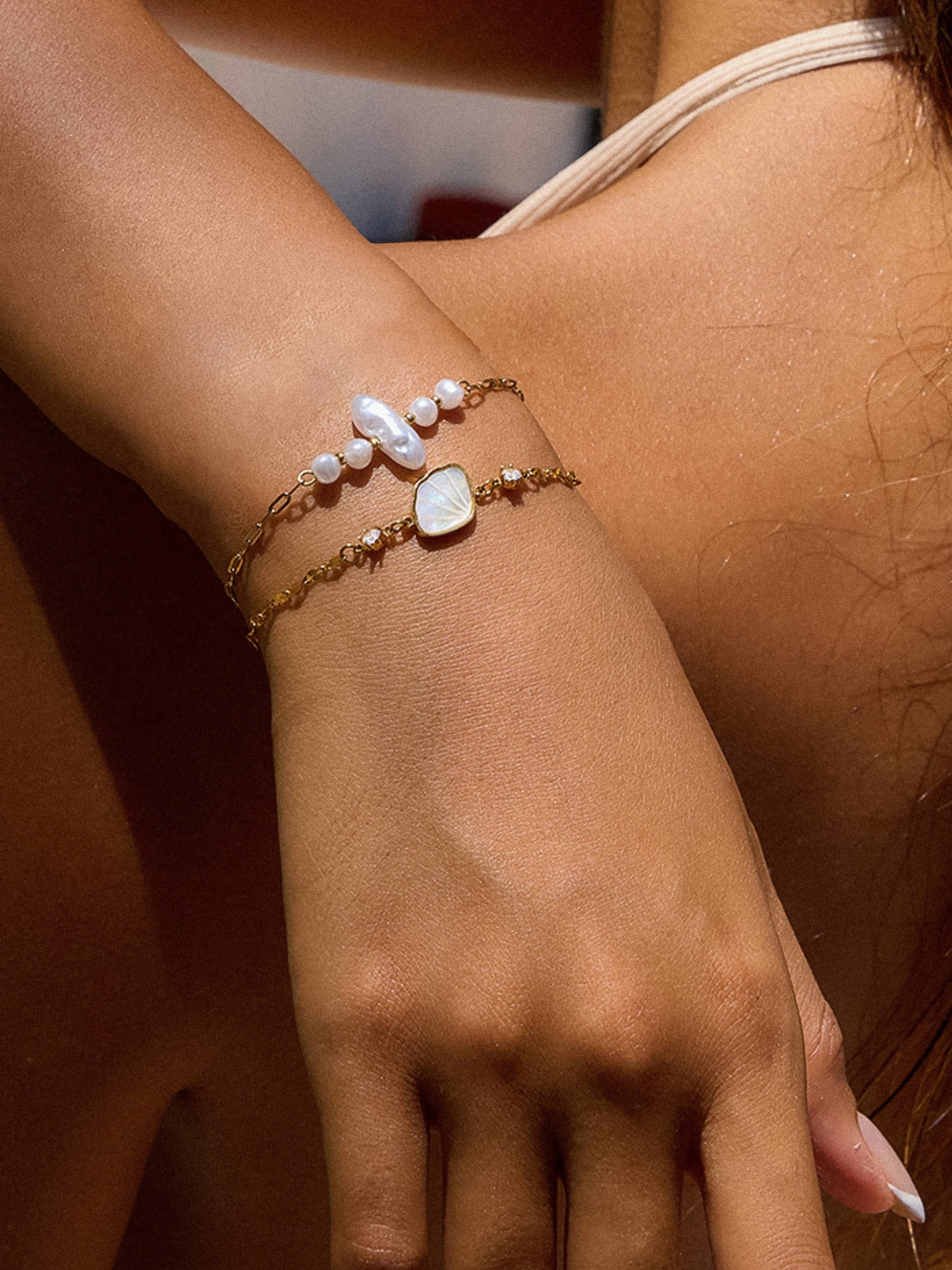18K Gold Non-Tarnish Pearl Chain Bracelet