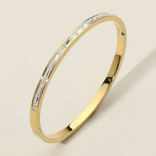 Baguette Stone Stainless Steel Hinged Bangle Bracelet